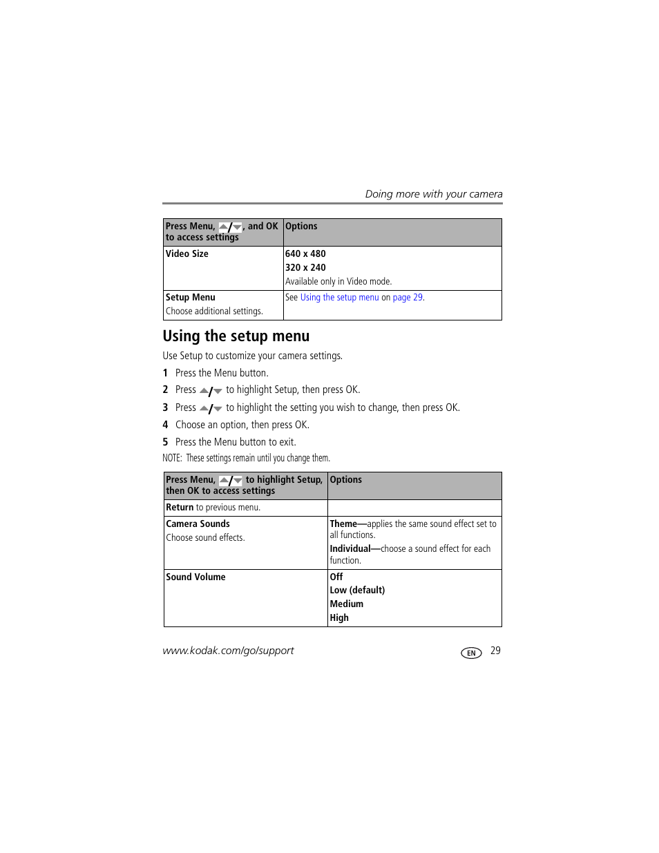 Using the setup menu | Kodak EASYSHARE C763 User Manual | Page 35 / 63