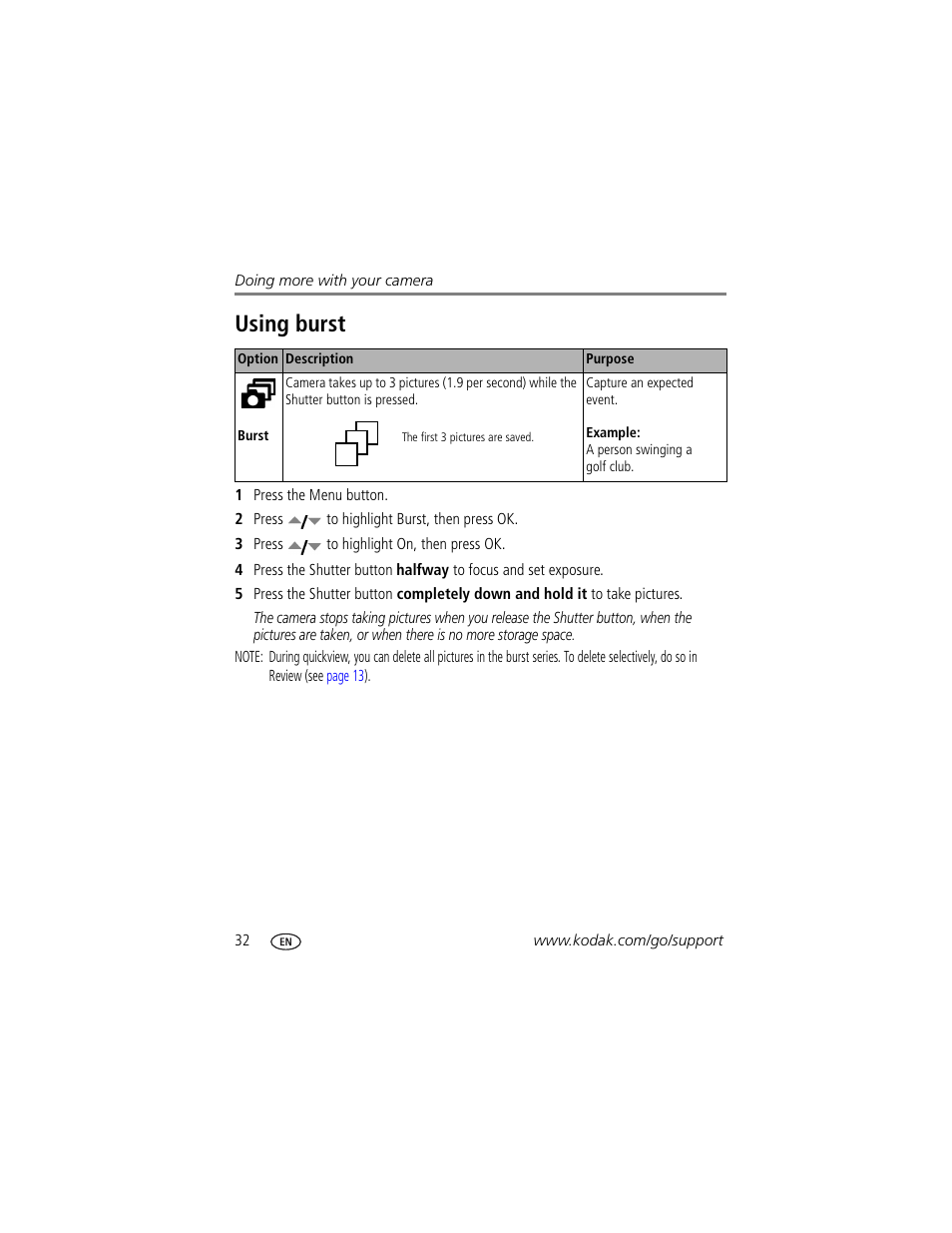 Using burst | Kodak EASYSHARE C763 User Manual | Page 38 / 63