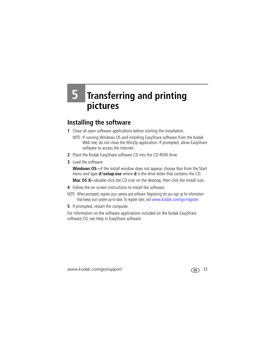 Transferring and printing pictures, Installing the software, 5 transferring and printing pictures | Kodak EASYSHARE C763 User Manual | Page 39 / 63