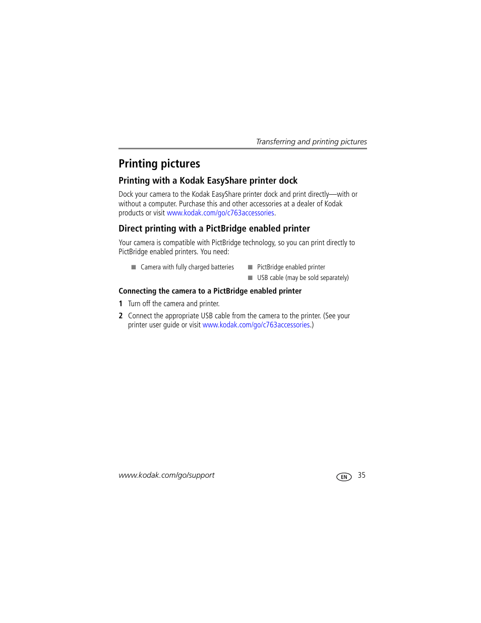 Printing with a kodak easyshare printer dock, Direct printing with a pictbridge enabled printer, Printing pictures | Kodak EASYSHARE C763 User Manual | Page 41 / 63