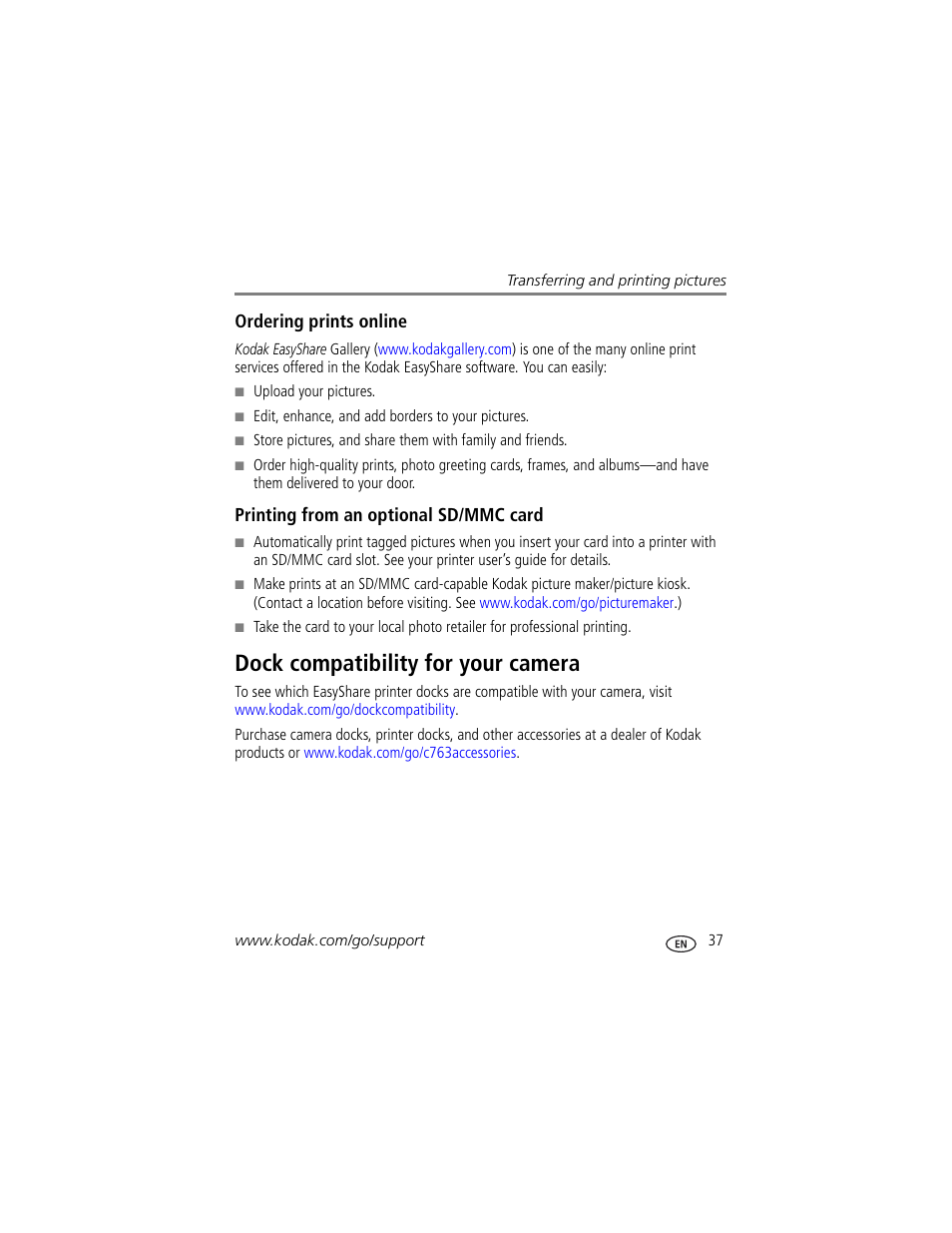 Printing from an optional sd/mmc card, Dock compatibility for your camera | Kodak EASYSHARE C763 User Manual | Page 43 / 63