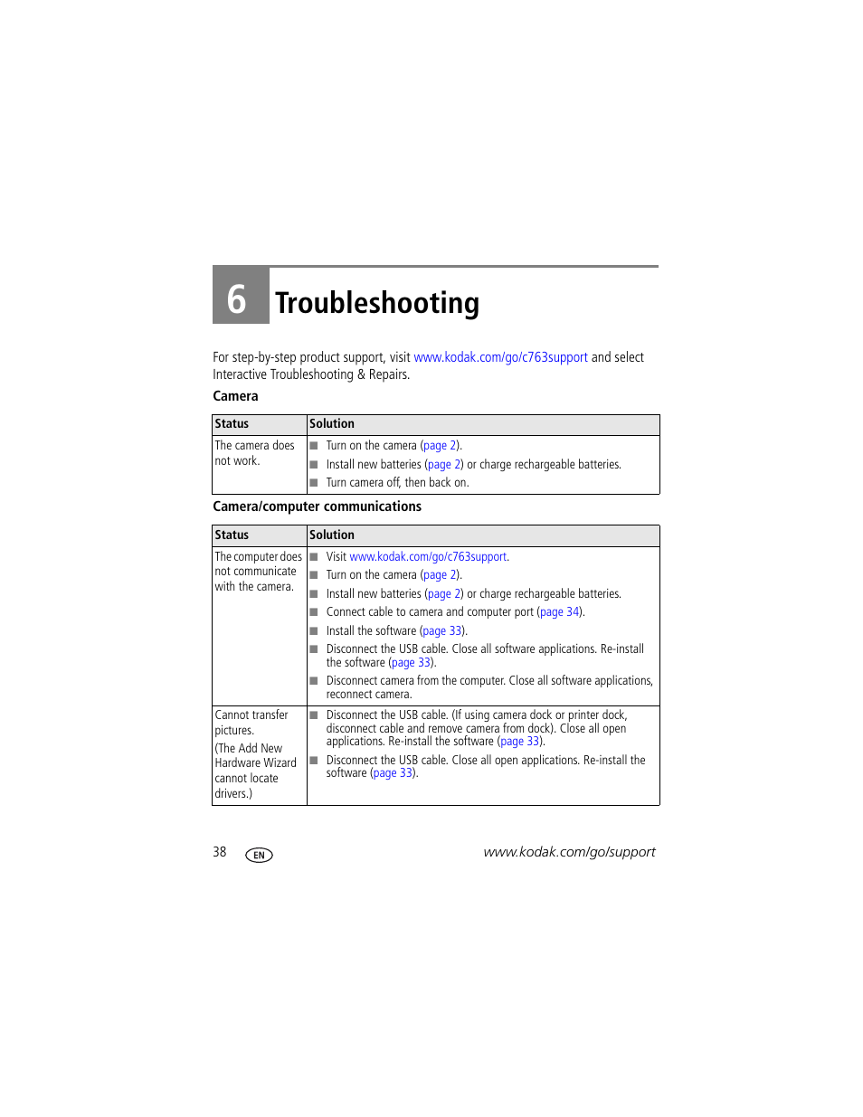 Troubleshooting, 6 troubleshooting | Kodak EASYSHARE C763 User Manual | Page 44 / 63