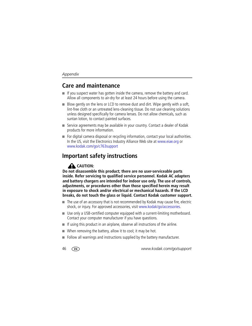 Important safety instructions, Care and maintenance important safety instructions, Care and maintenance | Kodak EASYSHARE C763 User Manual | Page 52 / 63