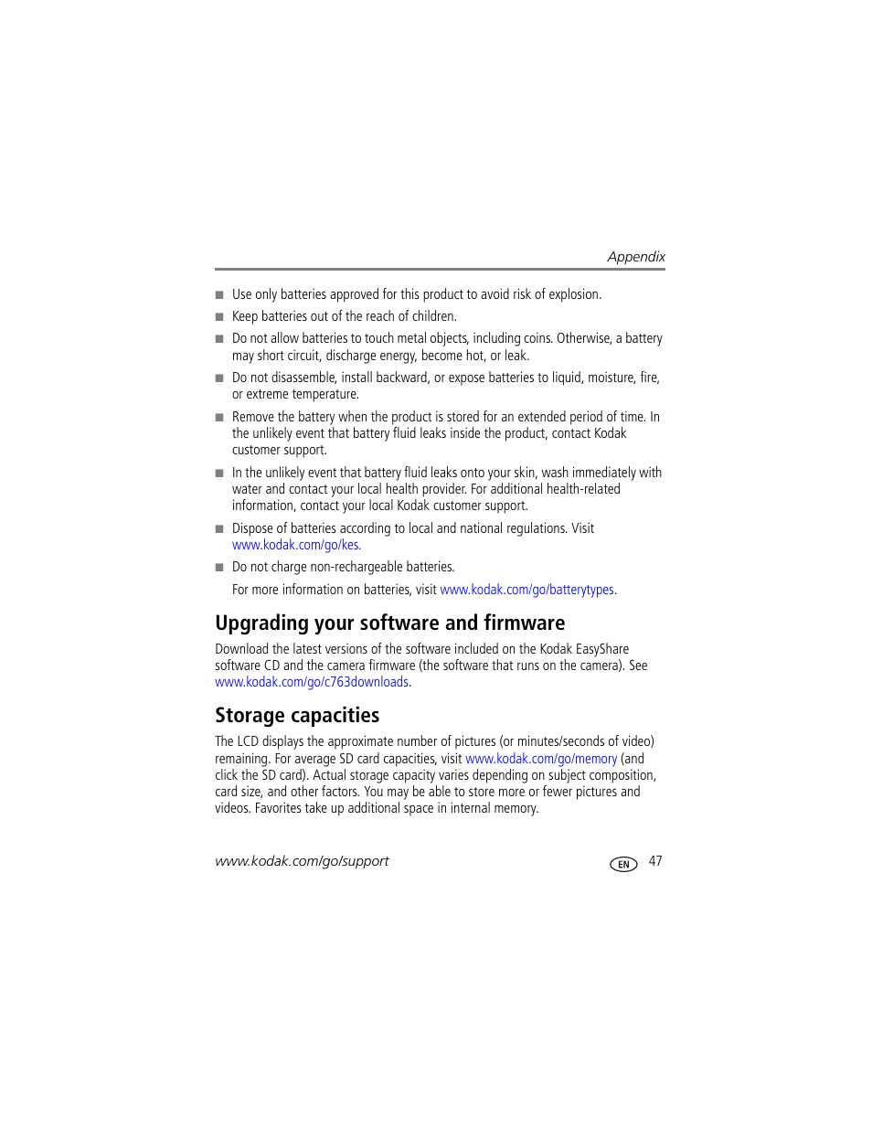 Upgrading your software and firmware, Storage capacities | Kodak EASYSHARE C763 User Manual | Page 53 / 63