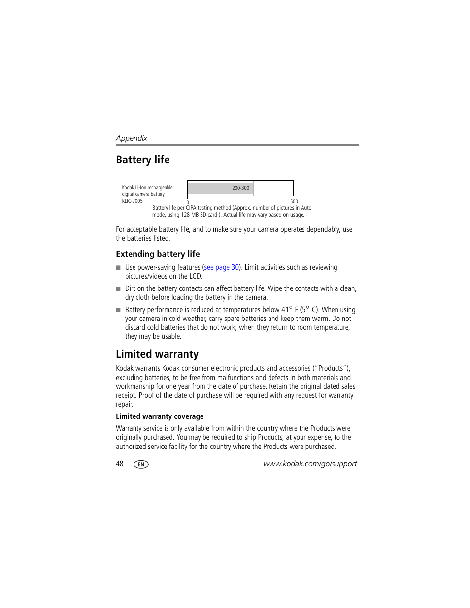 Extending battery life, Limited warranty, Battery life limited warranty | Battery life | Kodak EASYSHARE C763 User Manual | Page 54 / 63