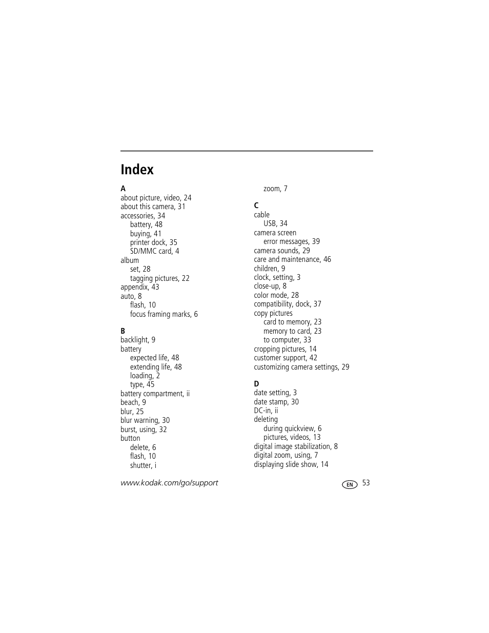 Index | Kodak EASYSHARE C763 User Manual | Page 59 / 63