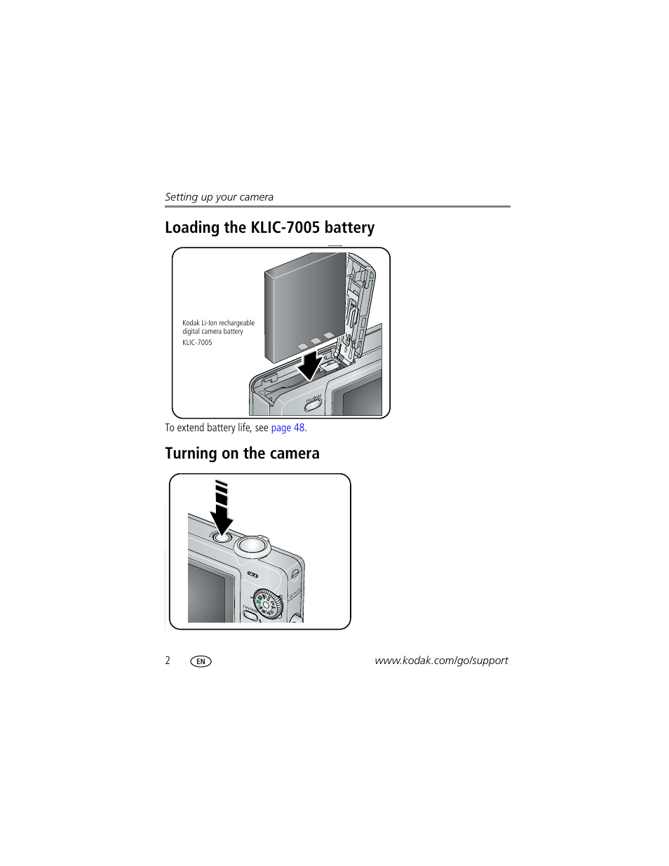 Loading the klic-7005 battery, Turning on the camera | Kodak EASYSHARE C763 User Manual | Page 8 / 63