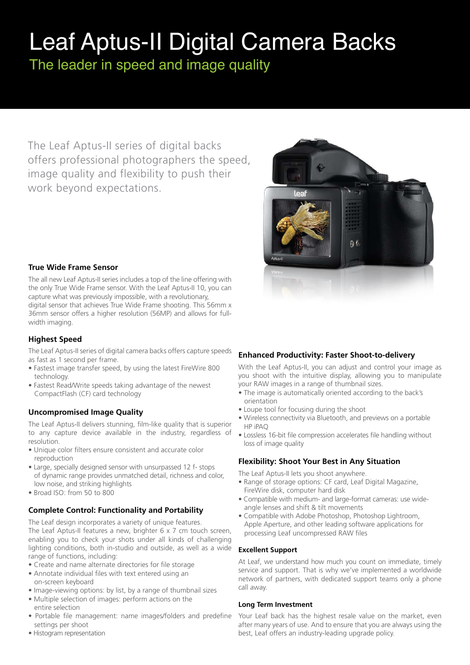 Leaf aptus-ii digital camera backs, The leader in speed and image quality | Kodak Leaf Aptus-II User Manual | Page 2 / 4