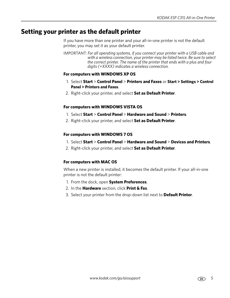 Setting your printer as the default printer | Kodak ESP C315 User Manual | Page 11 / 95