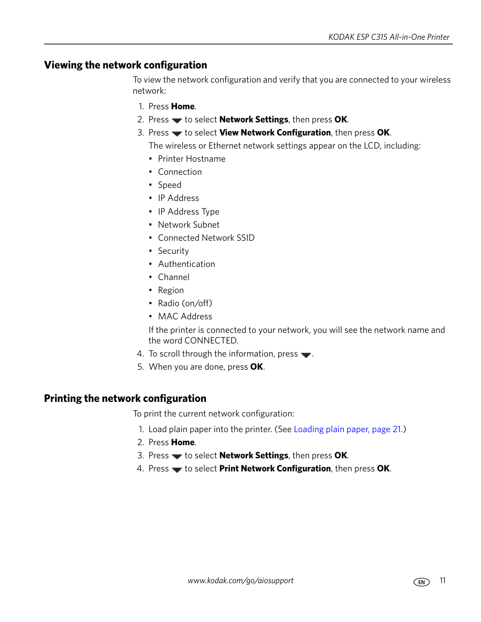 Viewing the network configuration, Printing the network configuration | Kodak ESP C315 User Manual | Page 17 / 95