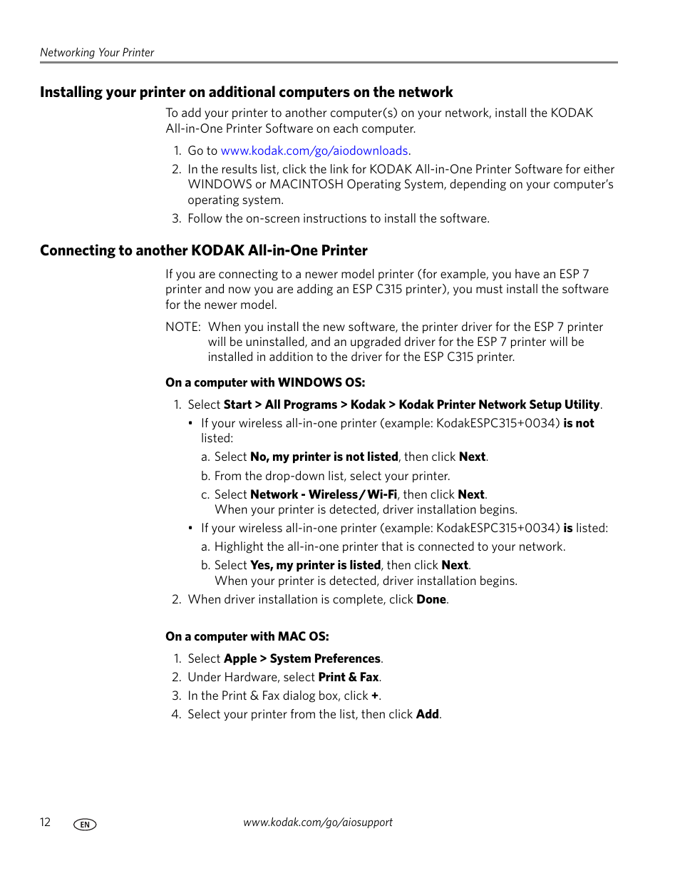 Connecting to another kodak all-in-one printer | Kodak ESP C315 User Manual | Page 18 / 95