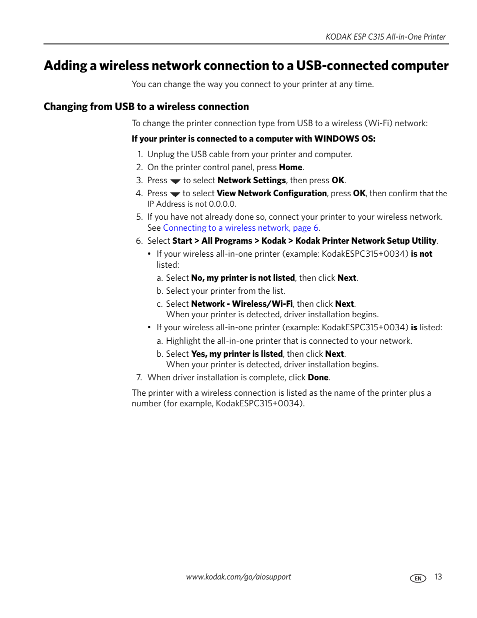 Changing from usb to a wireless connection | Kodak ESP C315 User Manual | Page 19 / 95