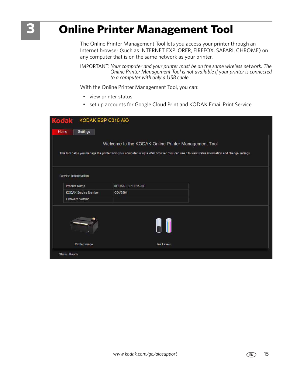 Online printer management tool, 3 online printer management tool | Kodak ESP C315 User Manual | Page 21 / 95