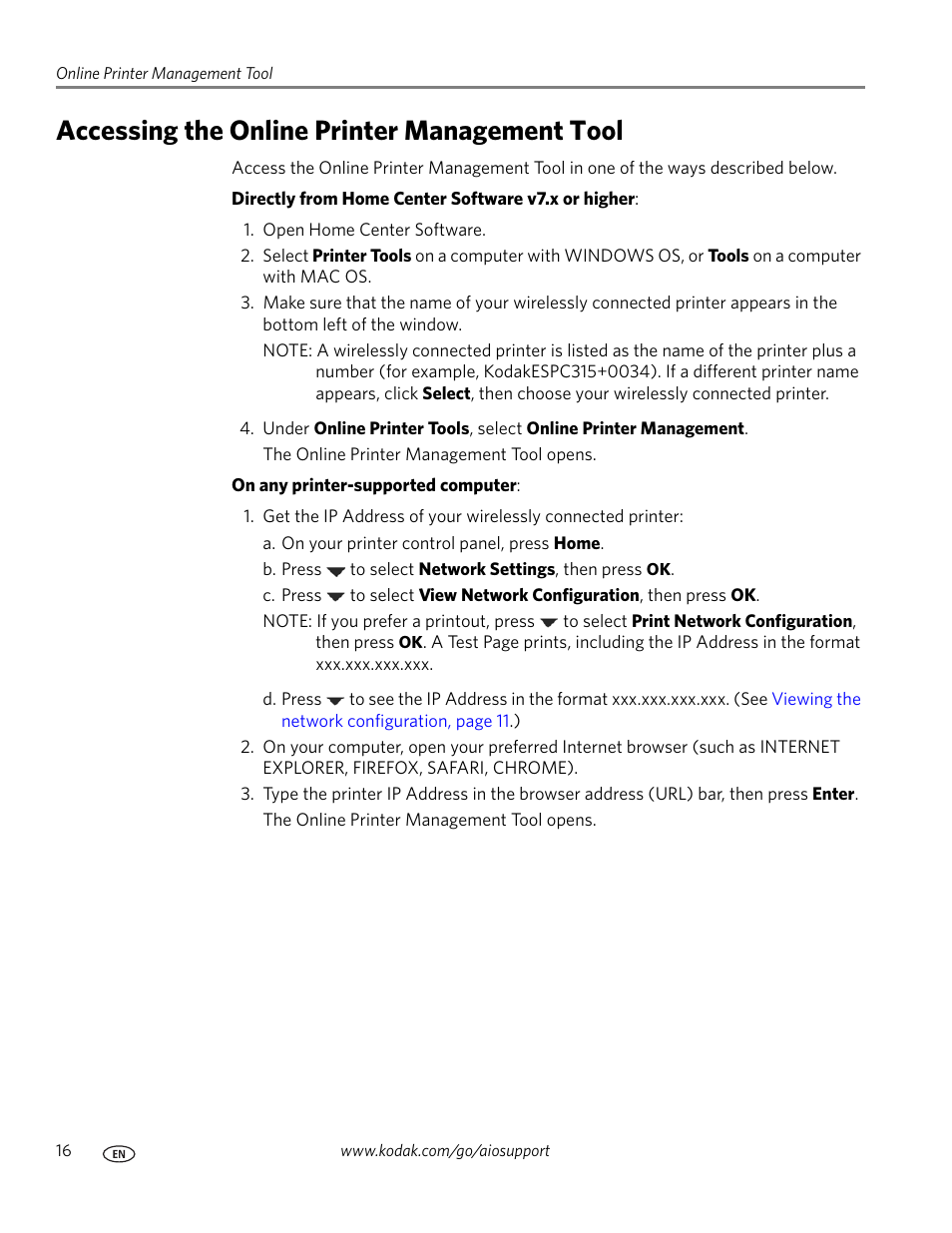 Accessing the online printer management tool | Kodak ESP C315 User Manual | Page 22 / 95