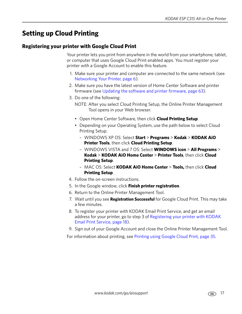 Setting up cloud printing, Registering your printer with google cloud print | Kodak ESP C315 User Manual | Page 23 / 95