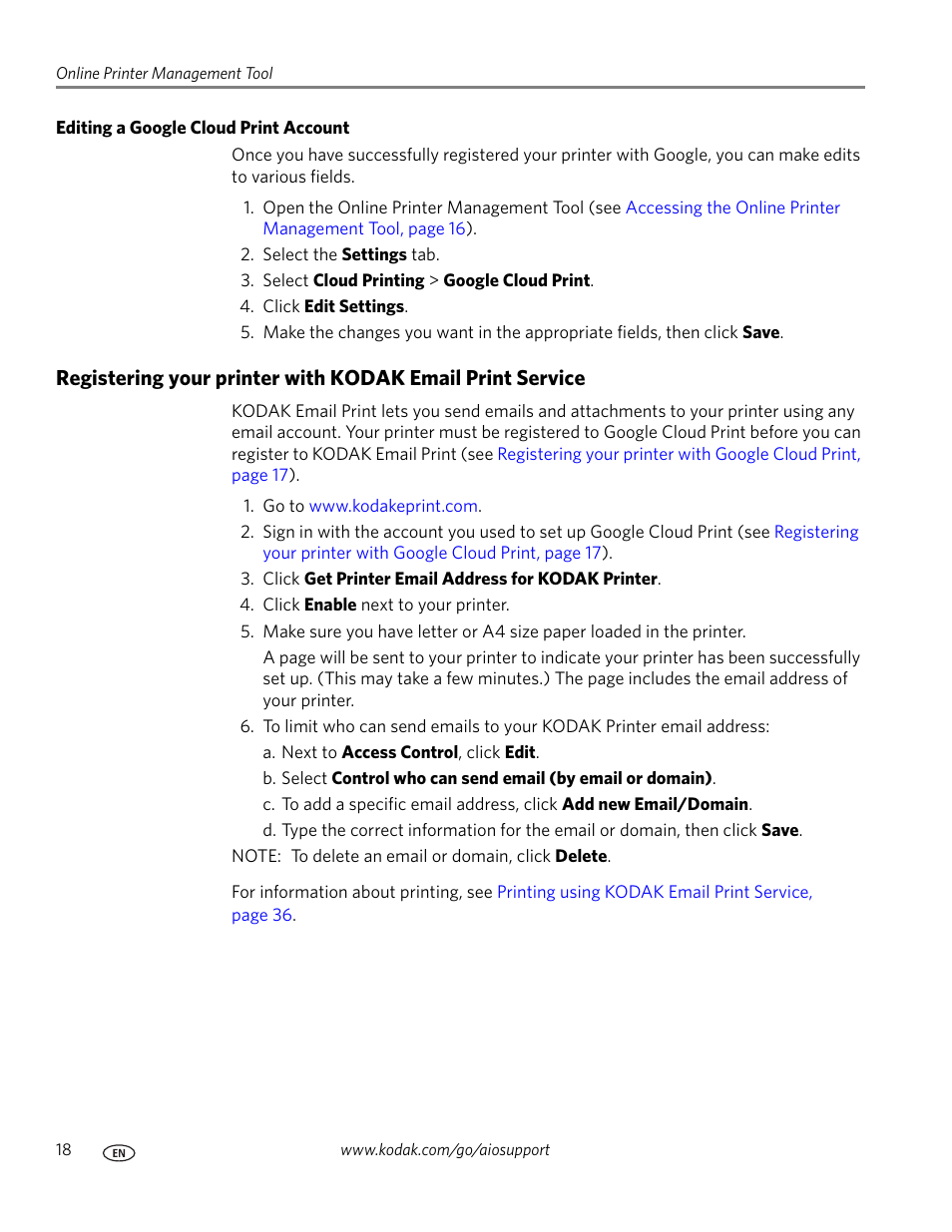 Editing a google cloud print account, Registering your printer with kodak | Kodak ESP C315 User Manual | Page 24 / 95