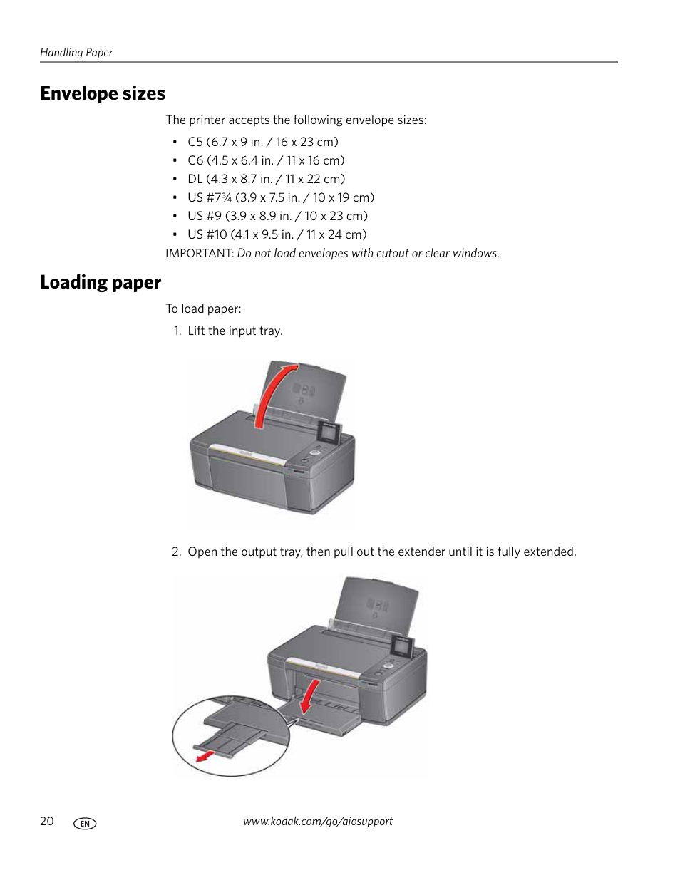 Envelope sizes, Loading paper, Envelope sizes loading paper | Kodak ESP C315 User Manual | Page 26 / 95