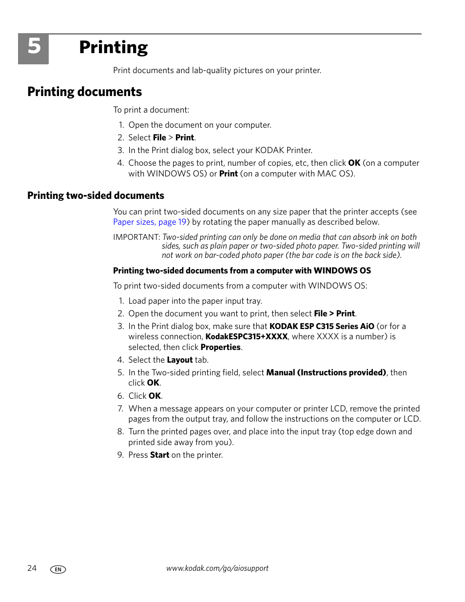 Printing, Printing documents, Printing two-sided documents | 5 printing | Kodak ESP C315 User Manual | Page 30 / 95