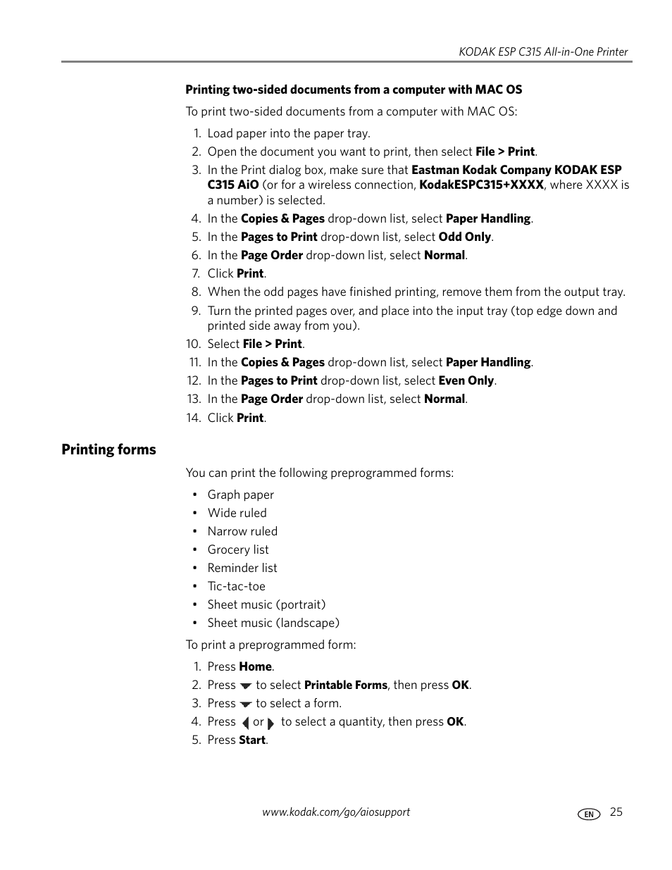 Printing forms | Kodak ESP C315 User Manual | Page 31 / 95