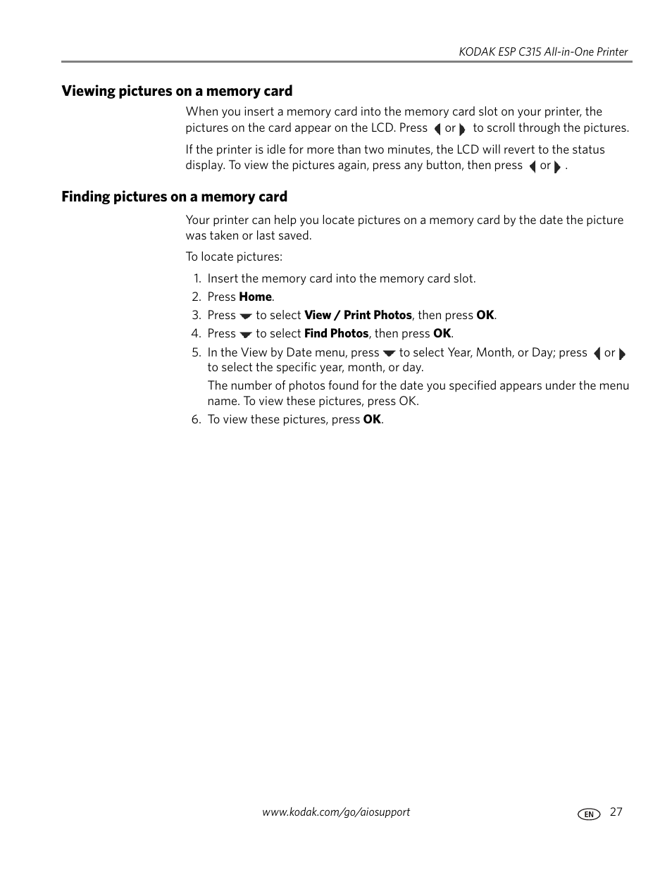 Viewing pictures on a memory card, Finding pictures on a memory card | Kodak ESP C315 User Manual | Page 33 / 95