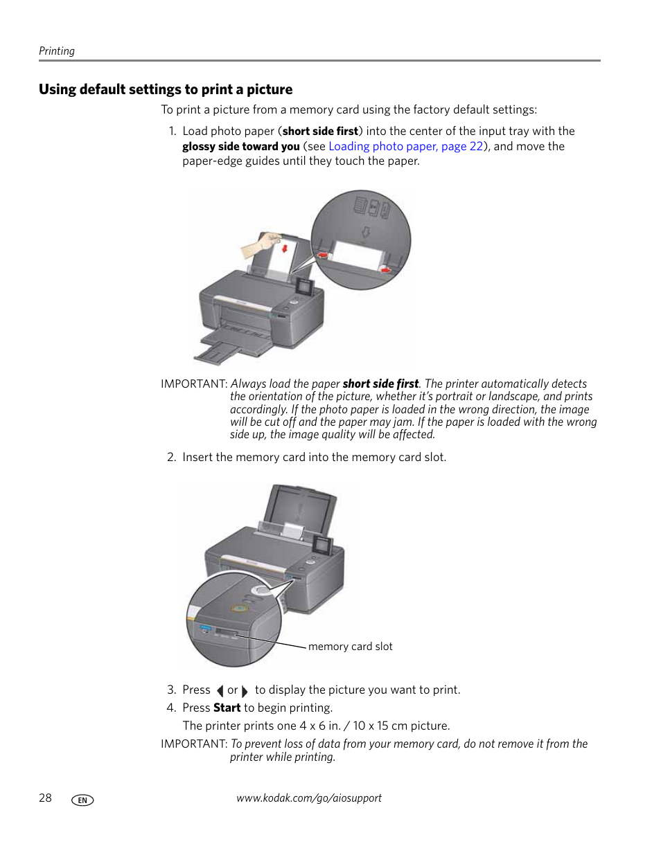 Using default settings to print a picture | Kodak ESP C315 User Manual | Page 34 / 95