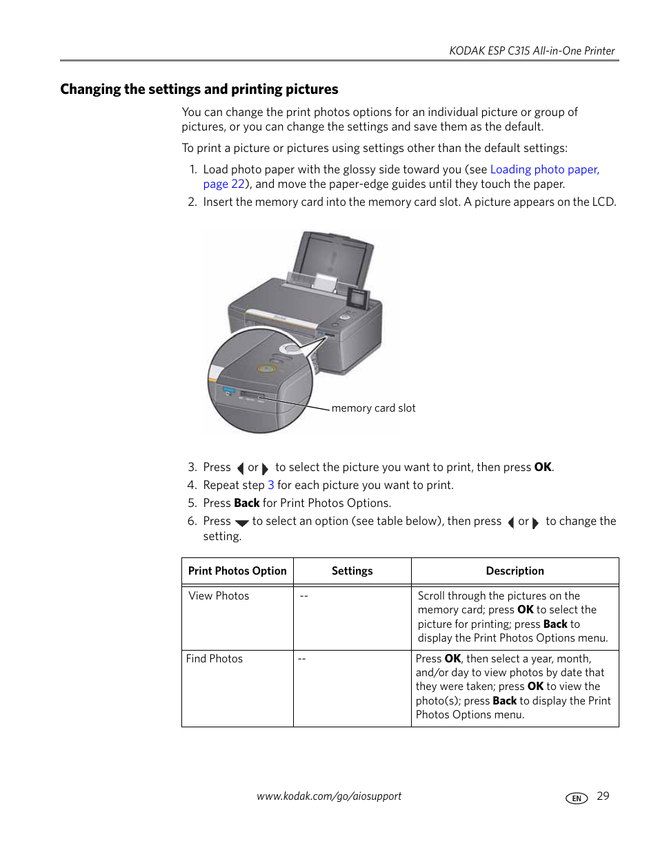 Changing the settings and printing pictures | Kodak ESP C315 User Manual | Page 35 / 95