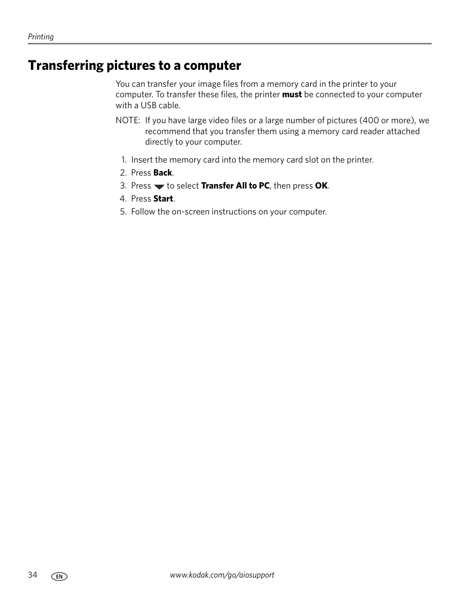 Transferring pictures to a computer | Kodak ESP C315 User Manual | Page 40 / 95