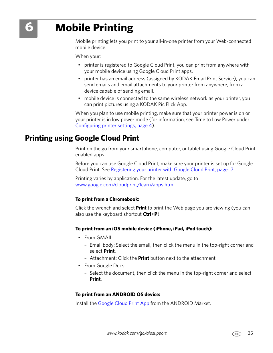 Mobile printing, Printing using google cloud print, 6 mobile printing | Ion about printing, see | Kodak ESP C315 User Manual | Page 41 / 95