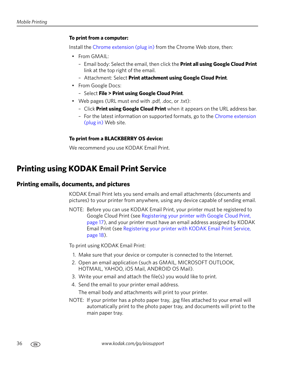 Printing using kodak email print service, Printing emails, documents, and pictures | Kodak ESP C315 User Manual | Page 42 / 95