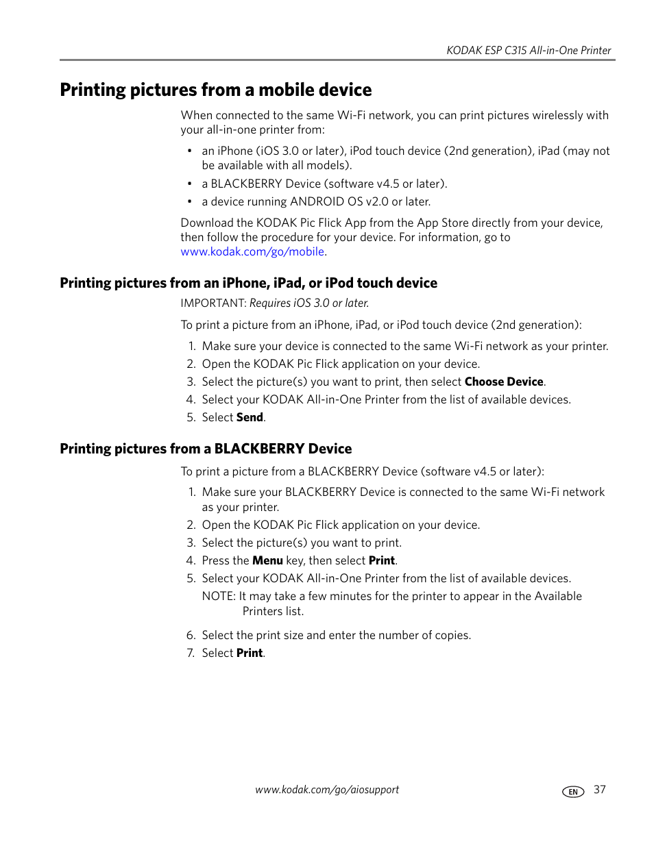 Printing pictures from a mobile device, Printing pictures from a blackberry device | Kodak ESP C315 User Manual | Page 43 / 95