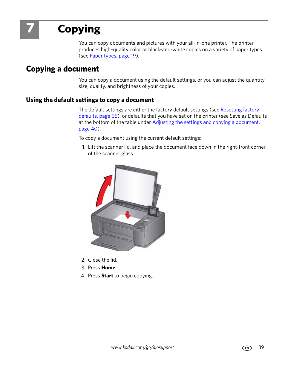 Copying, Copying a document, Using the default settings to copy a document | 7 copying | Kodak ESP C315 User Manual | Page 45 / 95