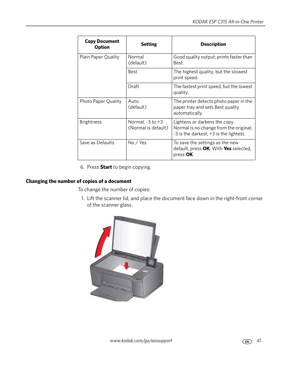 Changing the number of copies of a document | Kodak ESP C315 User Manual | Page 47 / 95