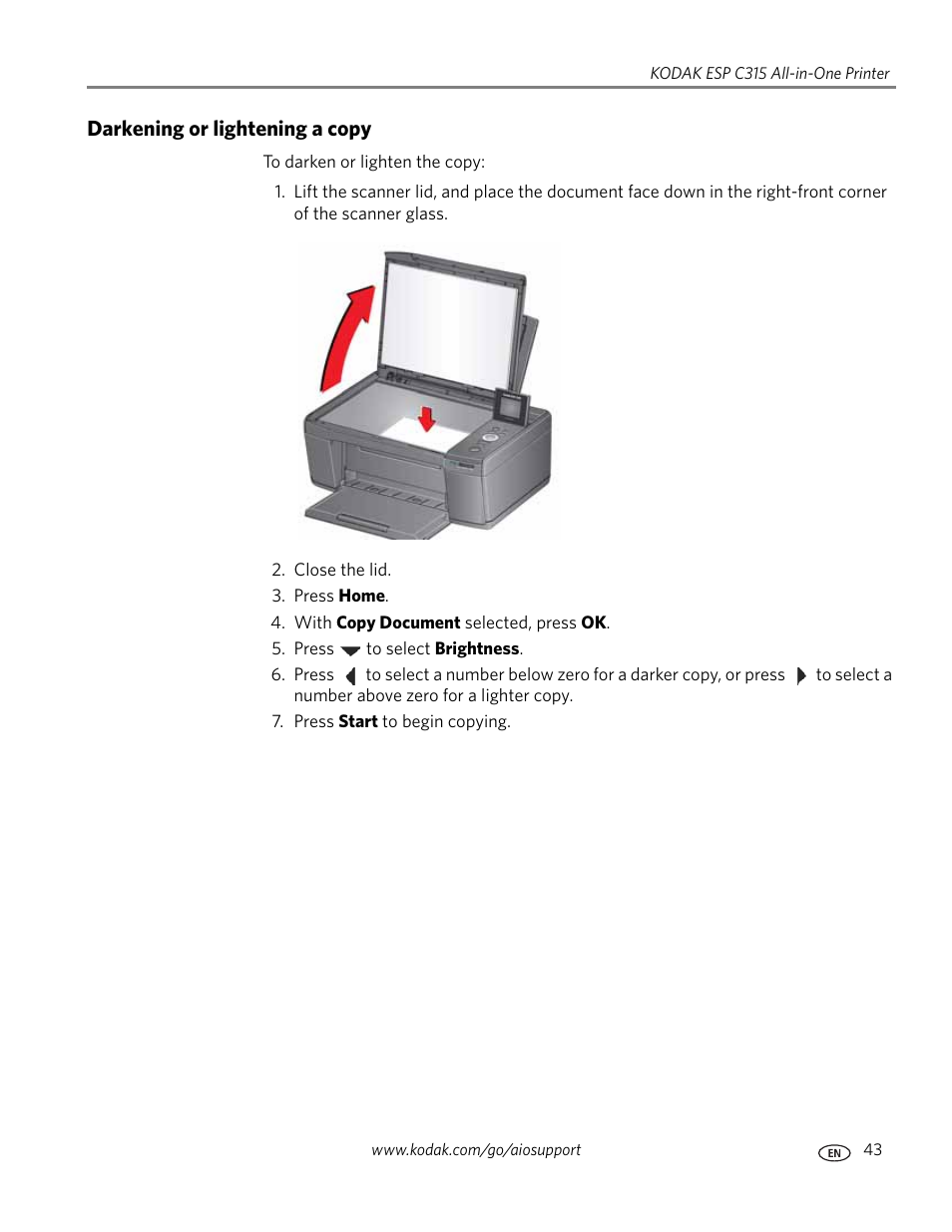 Darkening or lightening a copy | Kodak ESP C315 User Manual | Page 49 / 95