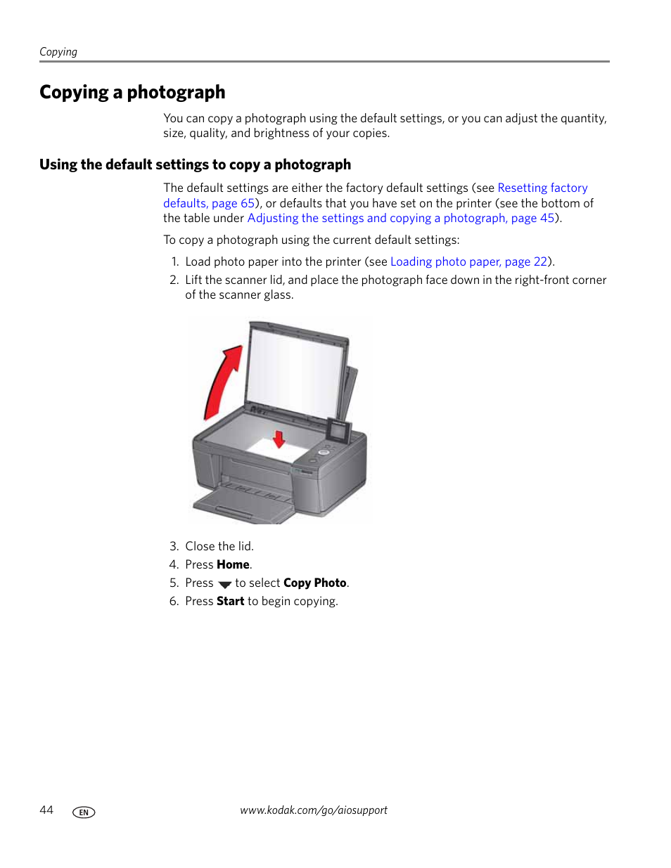 Copying a photograph, Using the default settings to copy a photograph | Kodak ESP C315 User Manual | Page 50 / 95