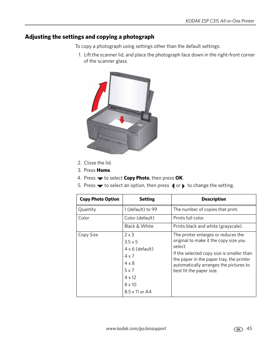 Adjusting the settings and copying a photograph | Kodak ESP C315 User Manual | Page 51 / 95