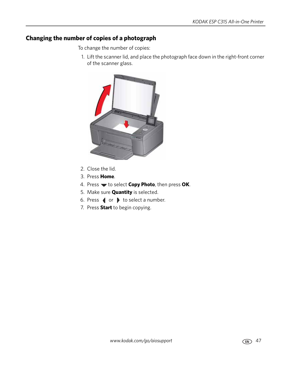 Changing the number of copies of a photograph | Kodak ESP C315 User Manual | Page 53 / 95