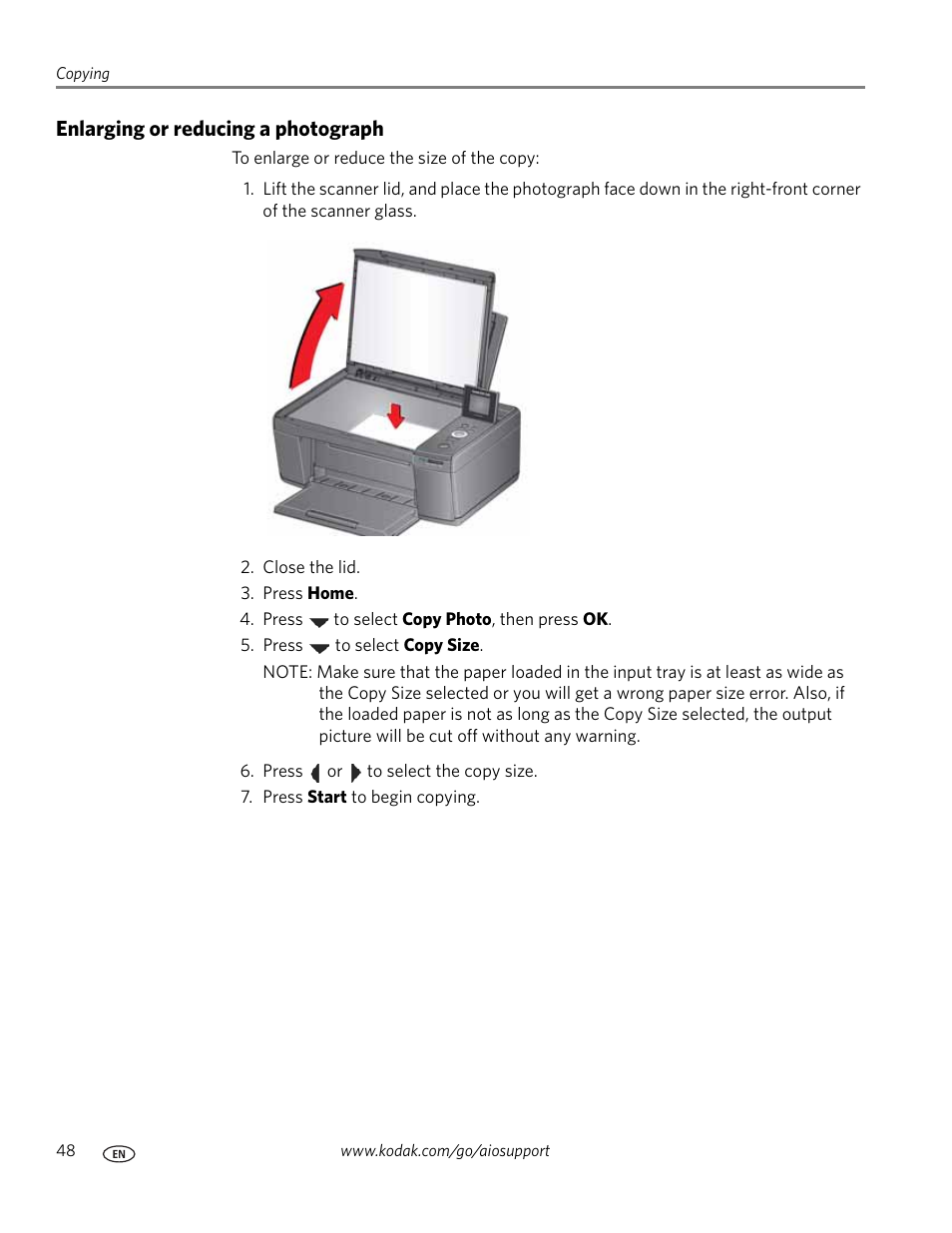 Enlarging or reducing a photograph | Kodak ESP C315 User Manual | Page 54 / 95