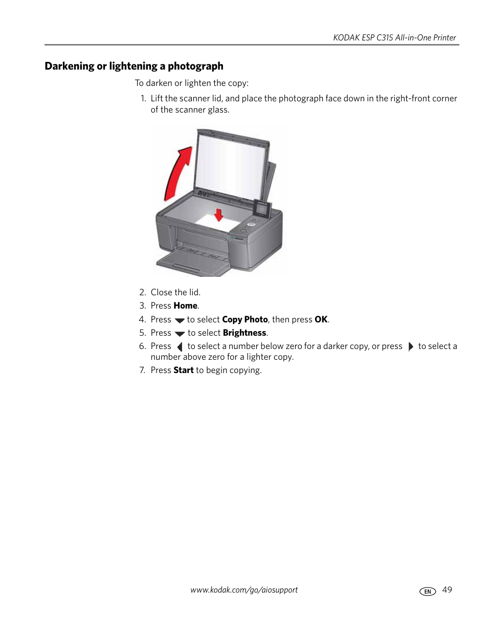 Darkening or lightening a photograph | Kodak ESP C315 User Manual | Page 55 / 95