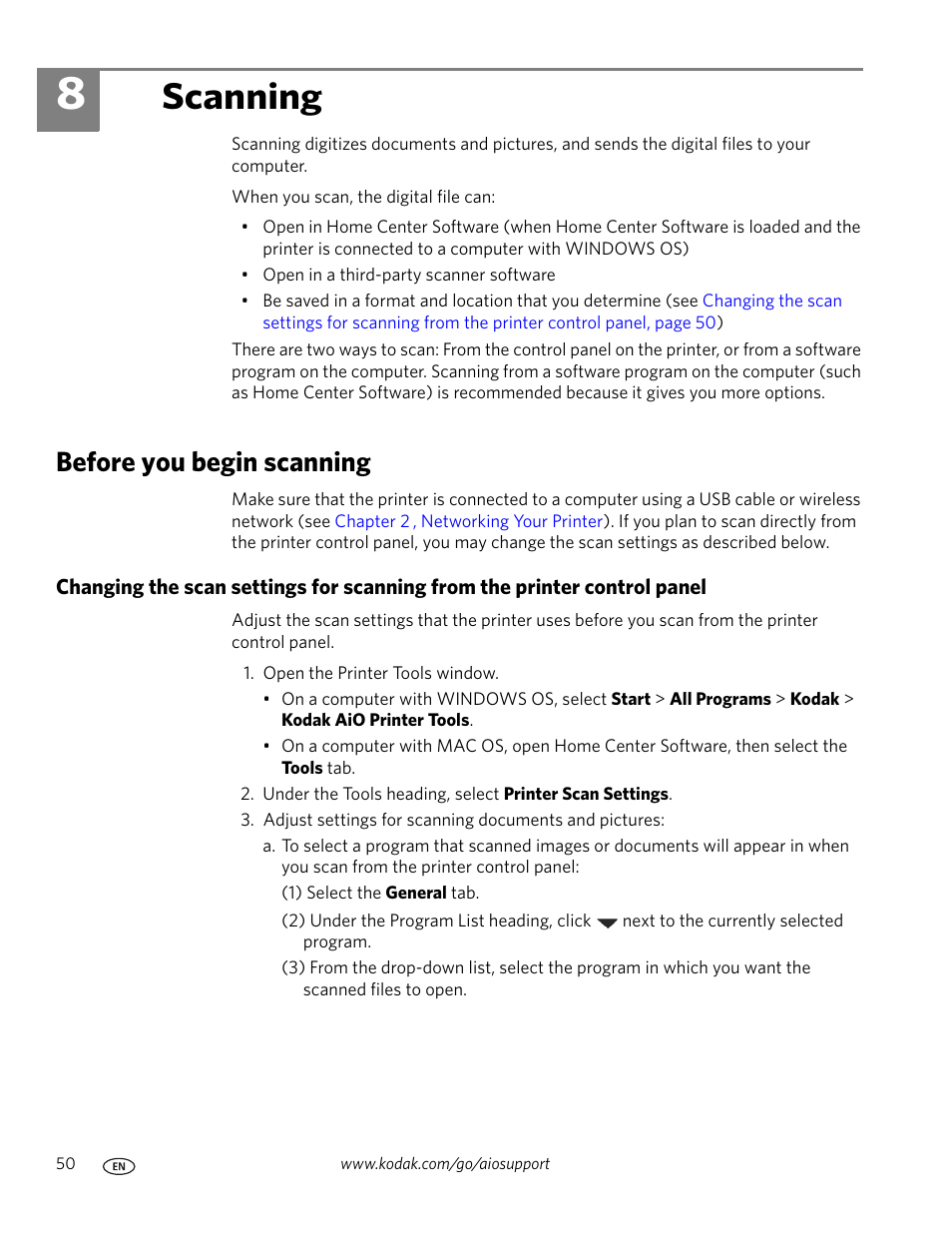 Scanning, Before you begin scanning, 8 scanning | Kodak ESP C315 User Manual | Page 56 / 95