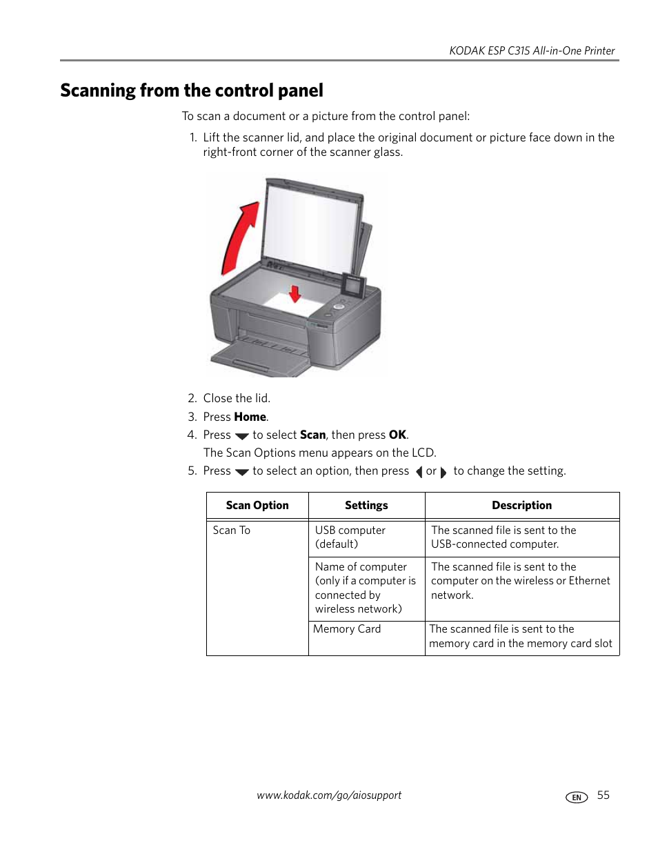 Scanning from the control panel | Kodak ESP C315 User Manual | Page 61 / 95