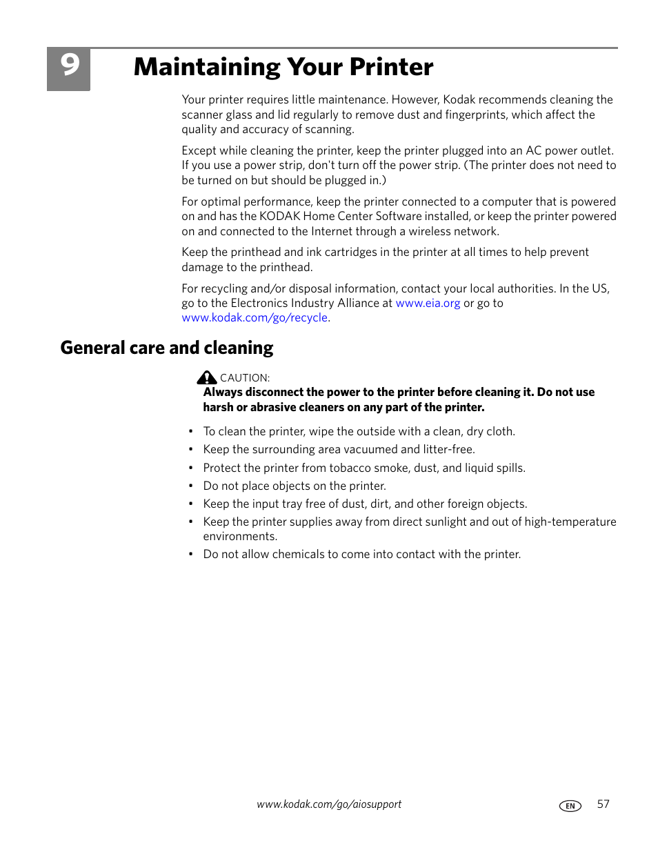 Maintaining your printer, General care and cleaning, 9 maintaining your printer | Kodak ESP C315 User Manual | Page 63 / 95