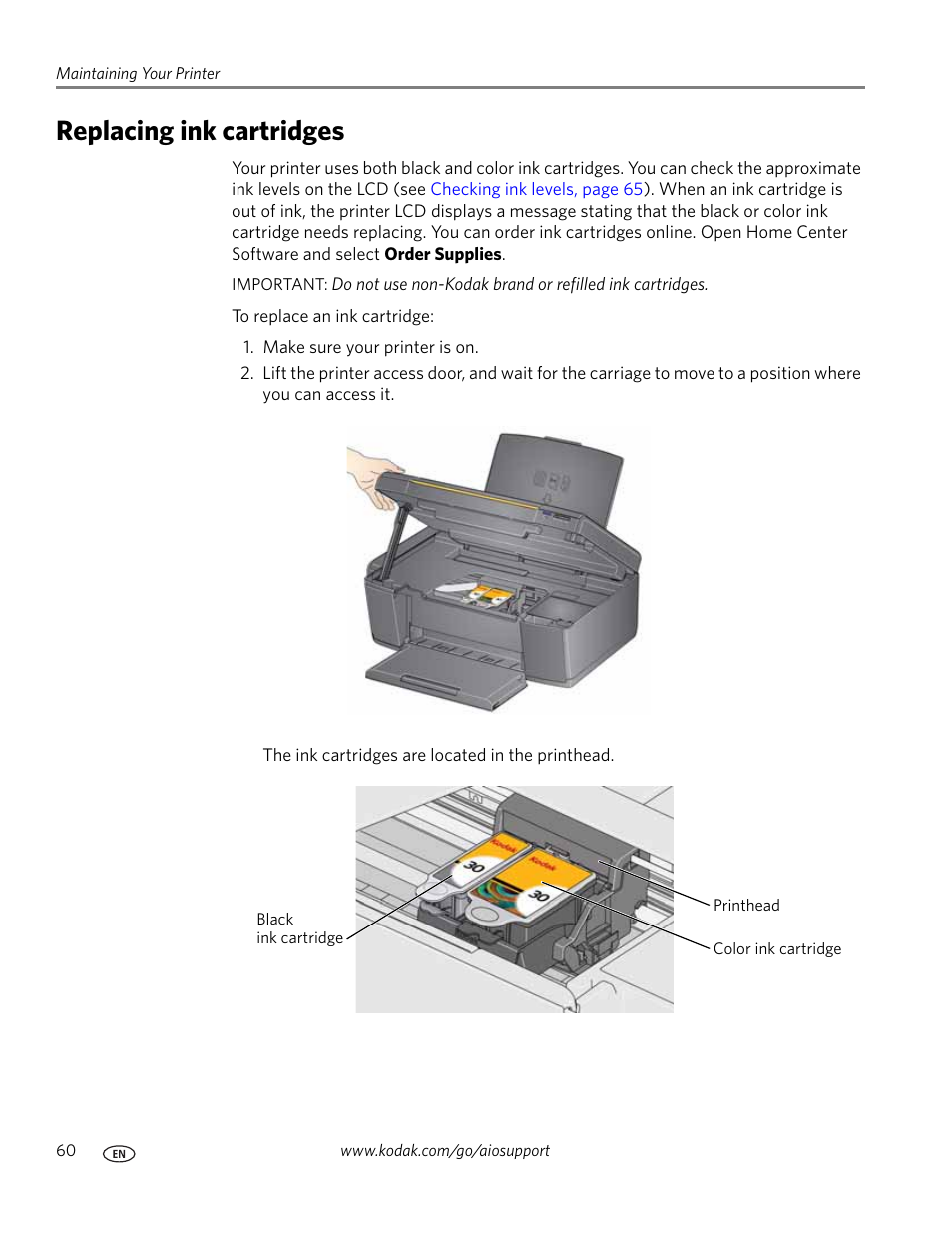 Replacing ink cartridges | Kodak ESP C315 User Manual | Page 66 / 95