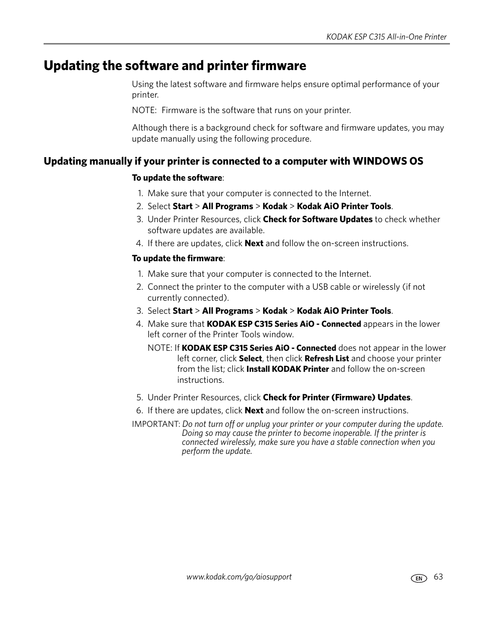 Updating the software and printer firmware | Kodak ESP C315 User Manual | Page 69 / 95