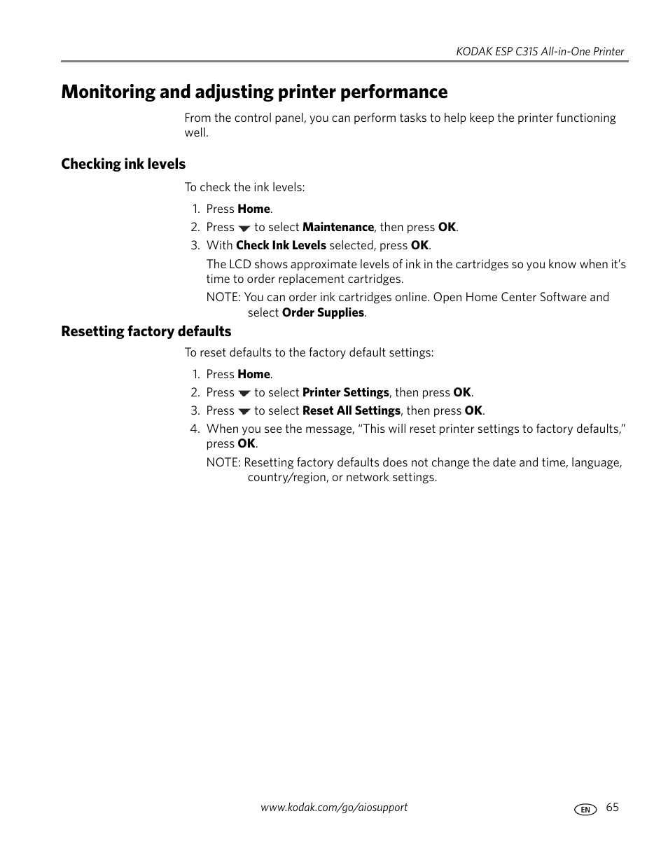 Monitoring and adjusting printer performance, Checking ink levels, Resetting factory defaults | Checking ink levels resetting factory defaults, Resetting factory | Kodak ESP C315 User Manual | Page 71 / 95