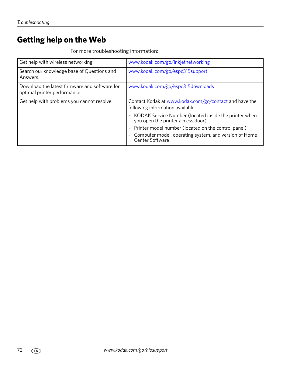 Getting help on the web | Kodak ESP C315 User Manual | Page 78 / 95