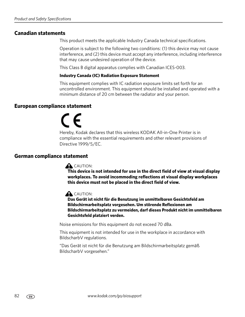 Canadian statements, European compliance statement, German compliance statement | Kodak ESP C315 User Manual | Page 88 / 95