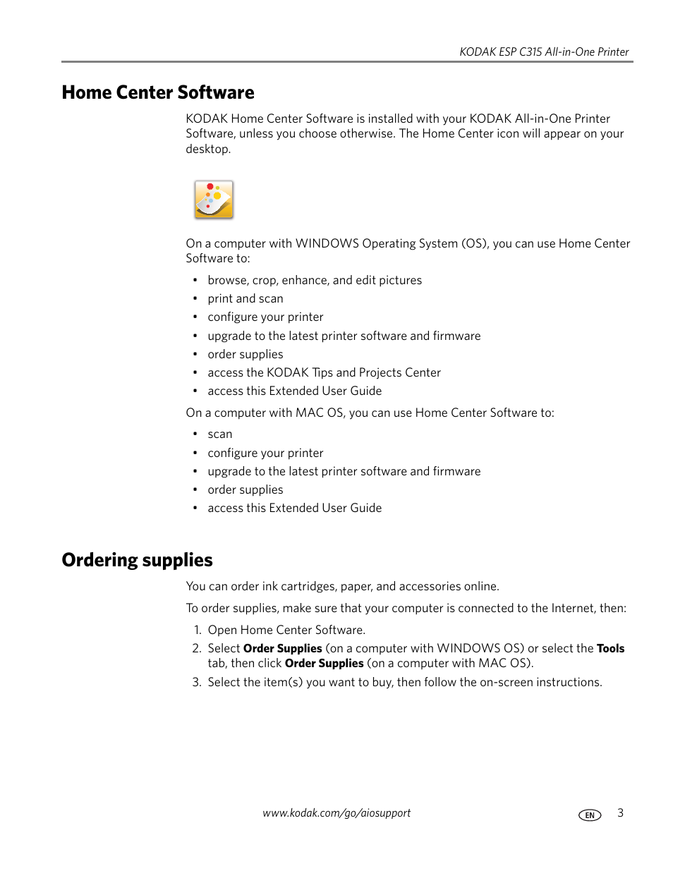 Home center software, Ordering supplies, Home center software ordering supplies | Kodak ESP C315 User Manual | Page 9 / 95