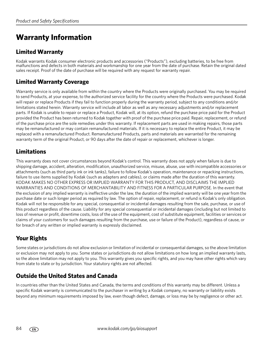 Warranty information | Kodak ESP C315 User Manual | Page 90 / 95