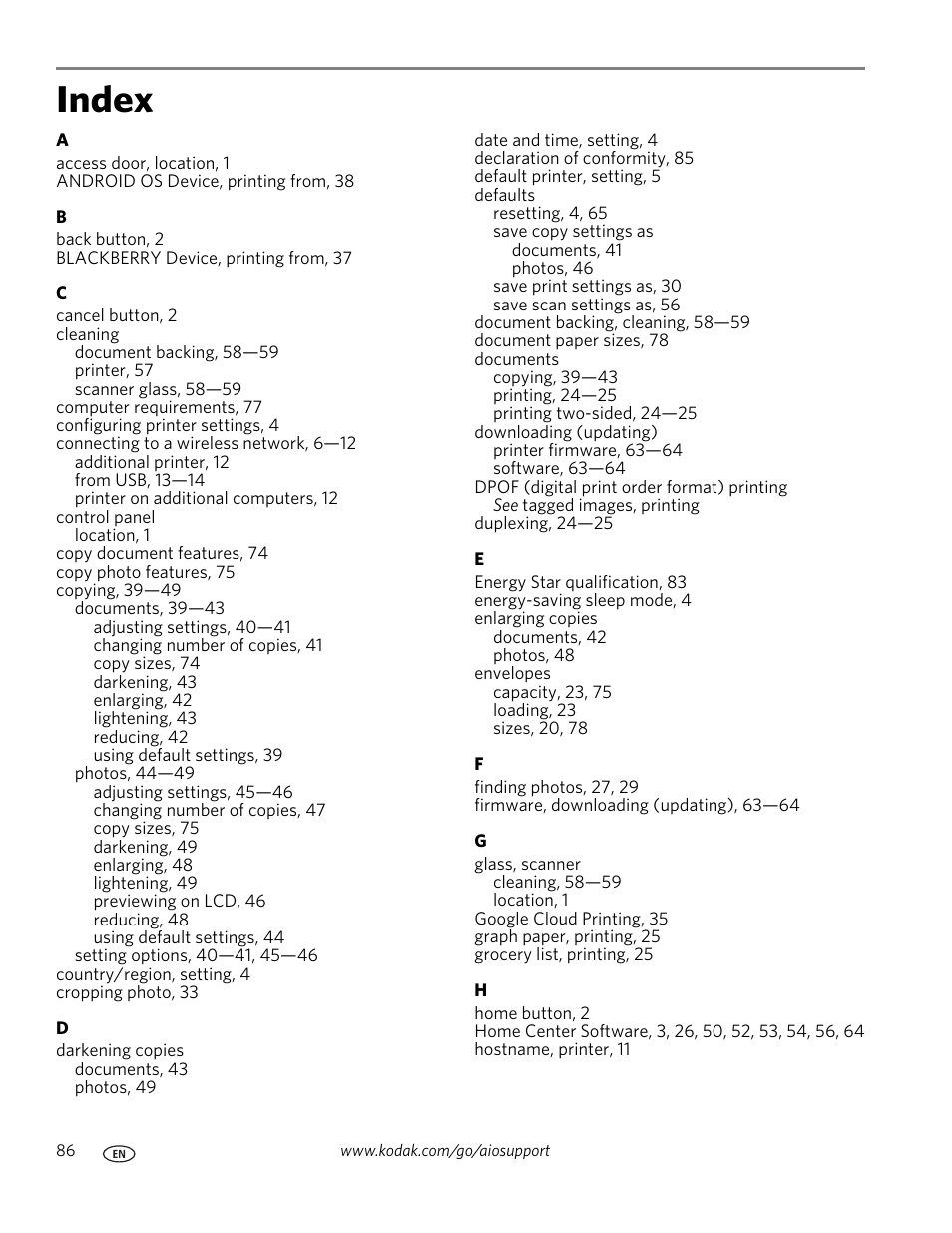 Index | Kodak ESP C315 User Manual | Page 92 / 95