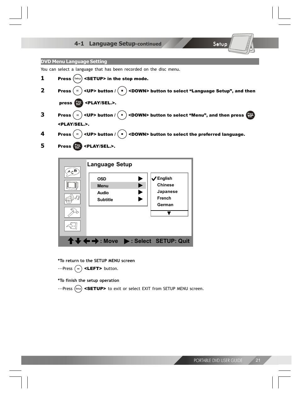 Language setup : move : select setup: quit, 1 language setup | Kodak 82-184-00170 User Manual | Page 21 / 80